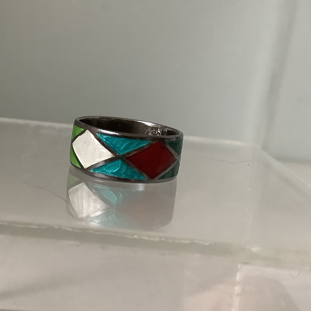 New vintage silver colourful harlequin cloisonné ring - Picture 5 of 12